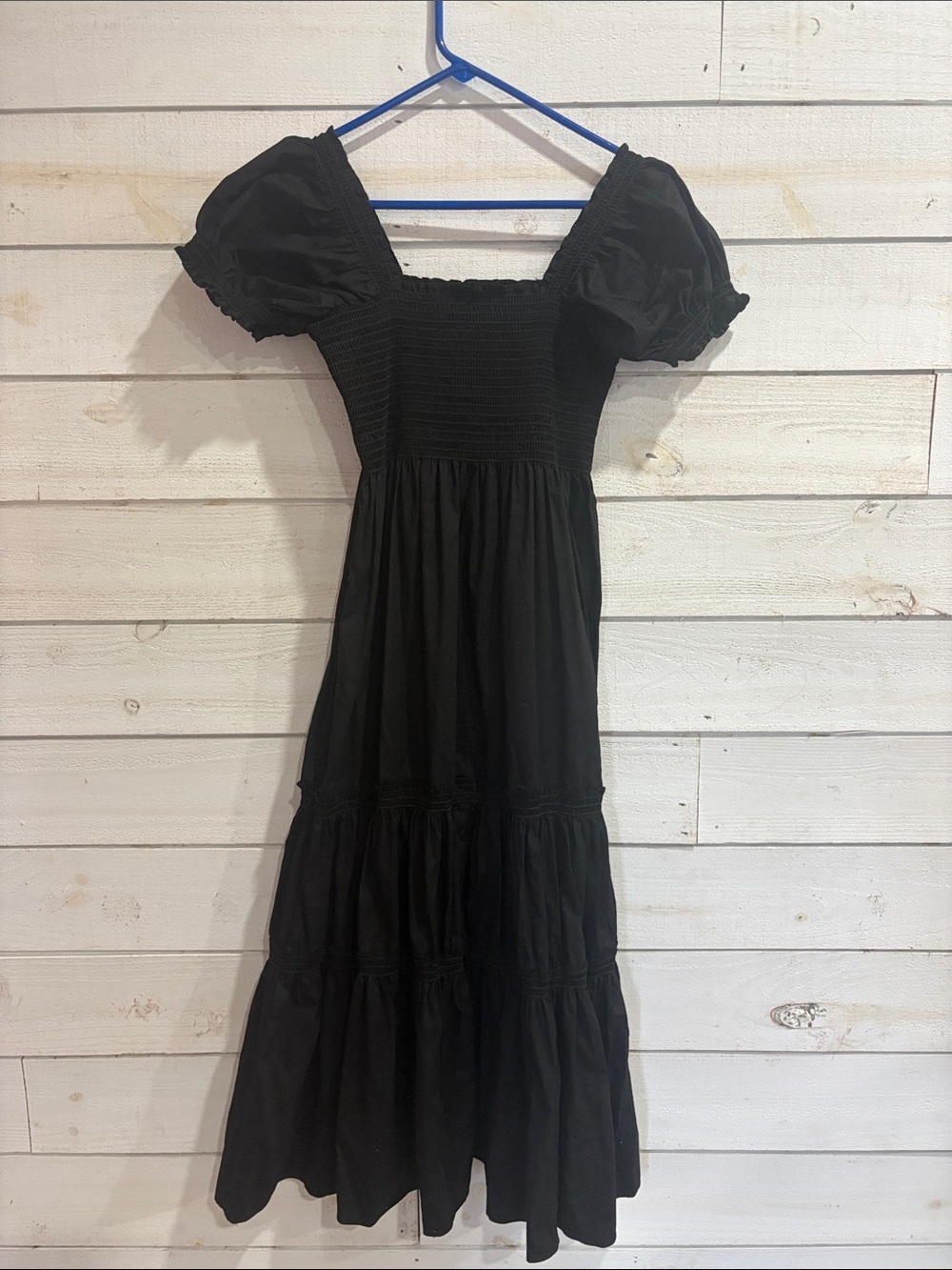 Smocked Black Puff-Sleeve Maxi Dress